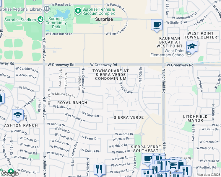 map of restaurants, bars, coffee shops, grocery stores, and more near 14240 West Country Gables Drive in Surprise