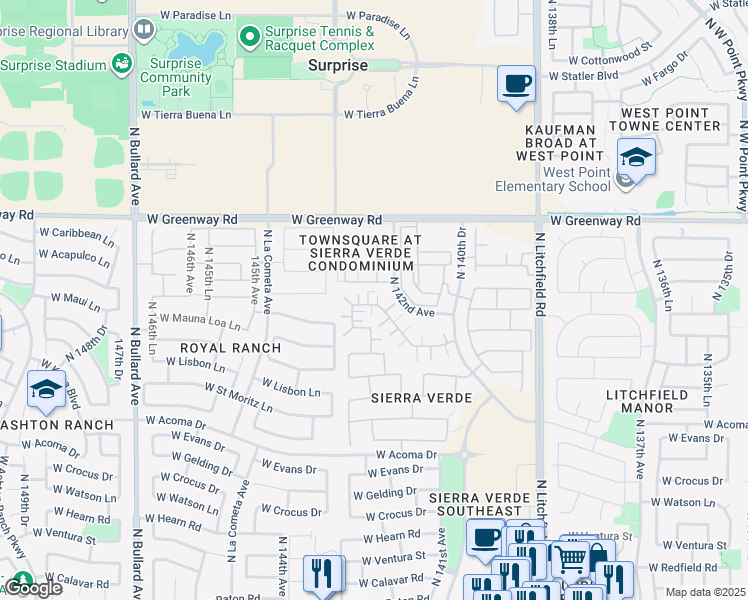 map of restaurants, bars, coffee shops, grocery stores, and more near 14214 West Country Gables Drive in Surprise