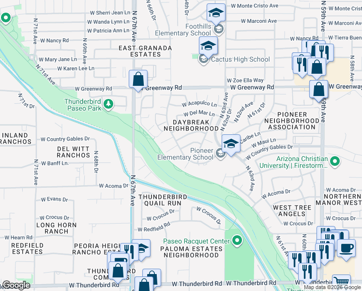 map of restaurants, bars, coffee shops, grocery stores, and more near 6519 West Port Royale Lane in Glendale