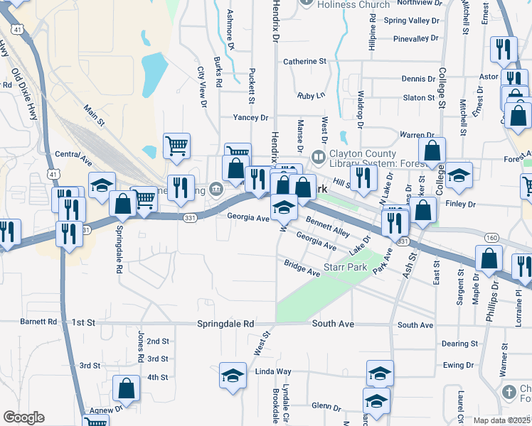 map of restaurants, bars, coffee shops, grocery stores, and more near 4913 West Street in Forest Park