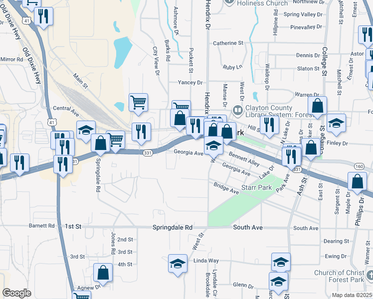 map of restaurants, bars, coffee shops, grocery stores, and more near 540 Georgia Avenue in Forest Park