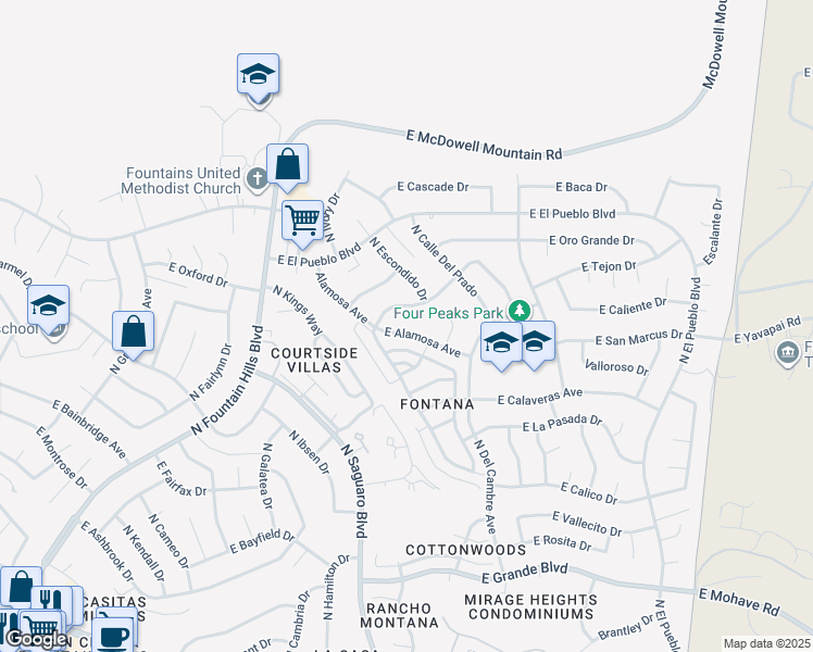 map of restaurants, bars, coffee shops, grocery stores, and more near 17002 Alamosa Avenue in Fountain Hills