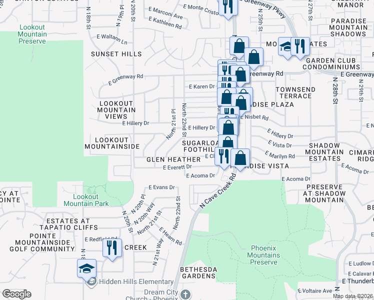 map of restaurants, bars, coffee shops, grocery stores, and more near 2201 East Marilyn Road in Phoenix
