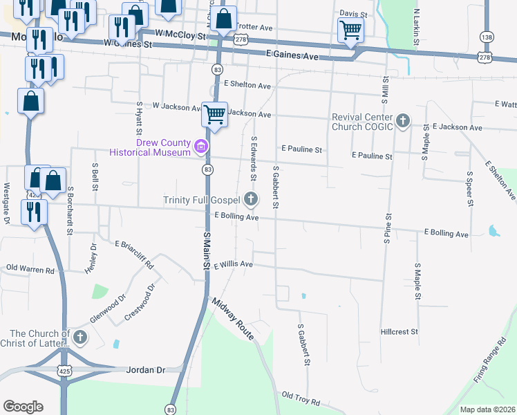 map of restaurants, bars, coffee shops, grocery stores, and more near 562 South Gabbert Street in Monticello