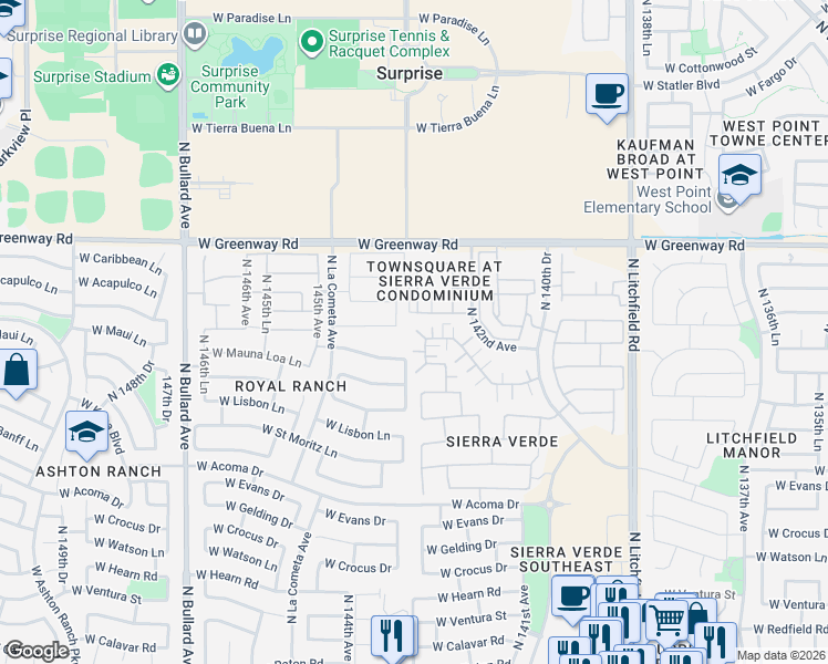 map of restaurants, bars, coffee shops, grocery stores, and more near 15117 North 143rd Avenue in Surprise