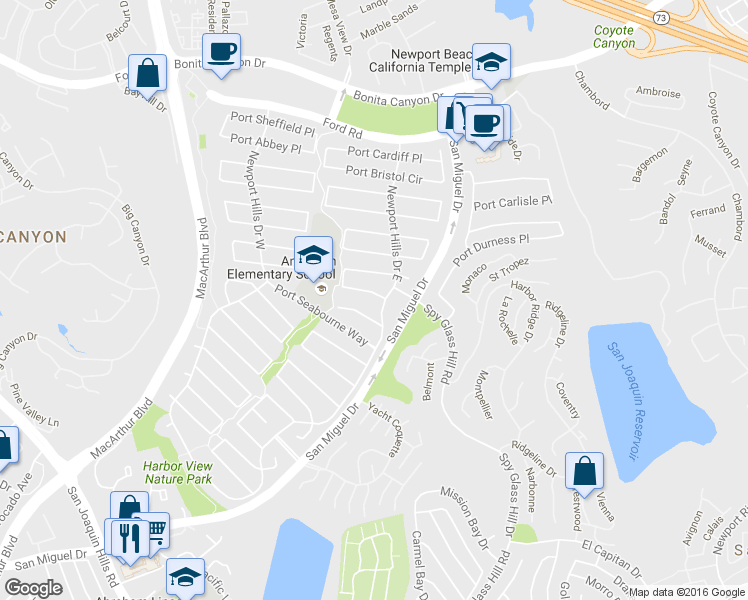 map of restaurants, bars, coffee shops, grocery stores, and more near 1973 Port Cardigan Place in Newport Beach