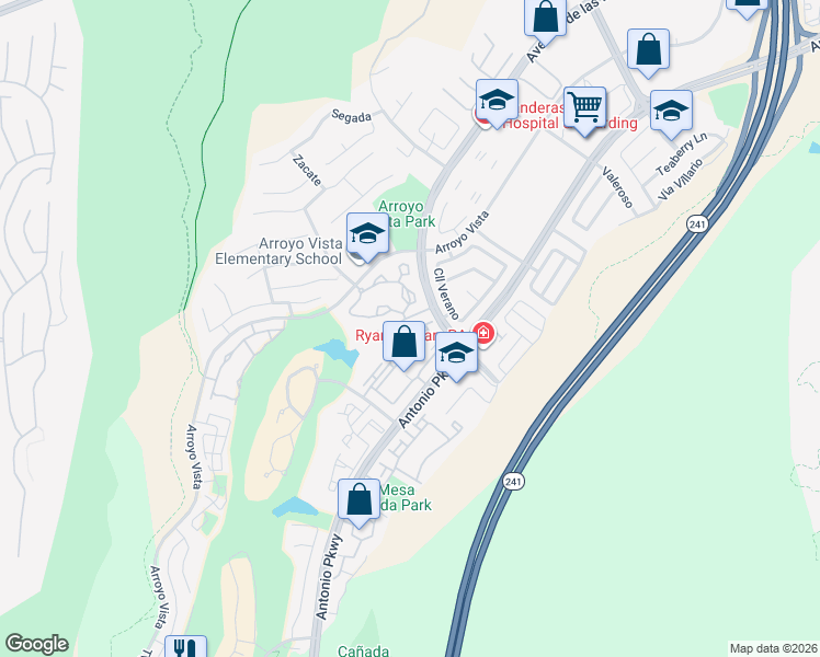map of restaurants, bars, coffee shops, grocery stores, and more near 73 Vía Ermitas in Rancho Santa Margarita