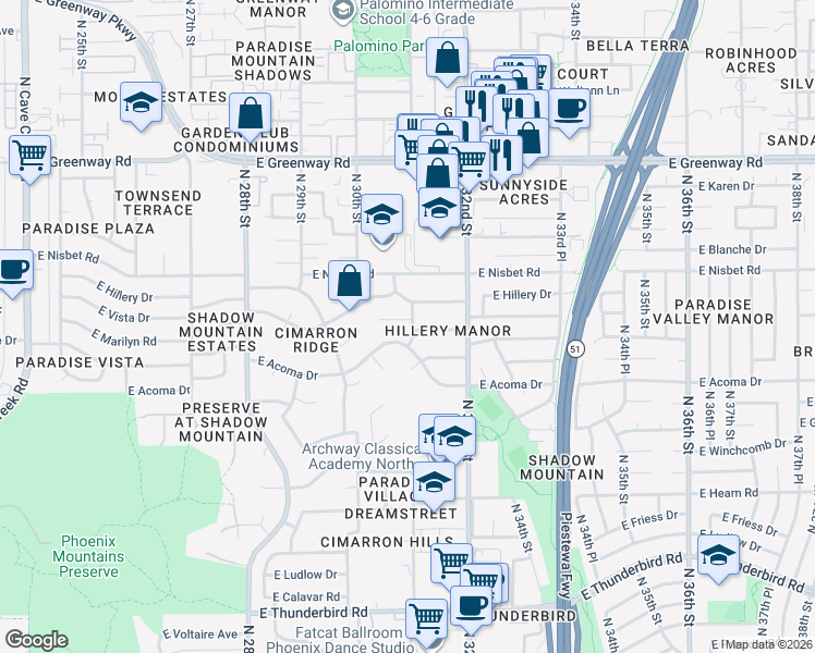 map of restaurants, bars, coffee shops, grocery stores, and more near 3043 East Marilyn Road in Phoenix