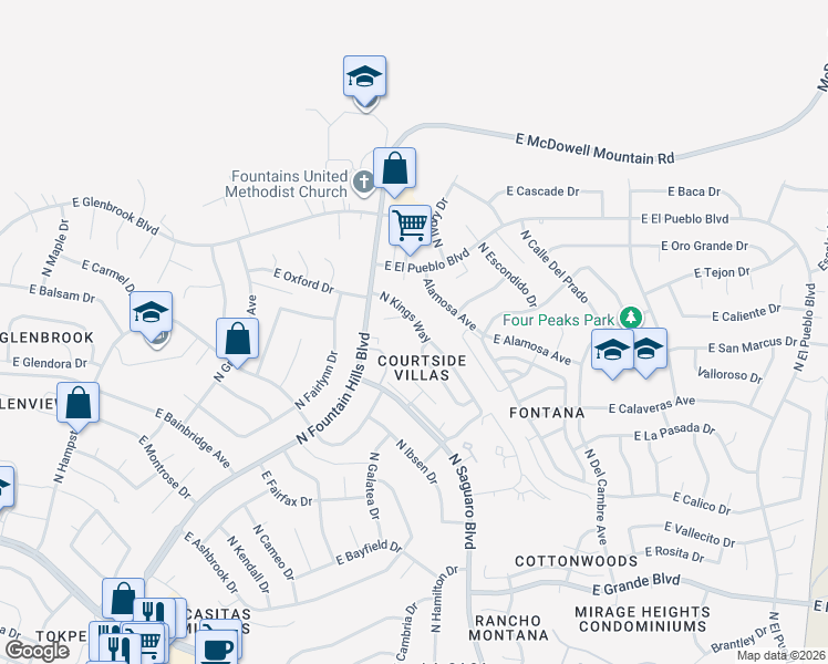 map of restaurants, bars, coffee shops, grocery stores, and more near 14849 North Kings Way in Fountain Hills
