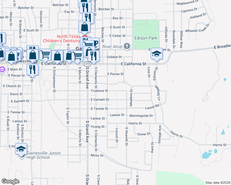 map of restaurants, bars, coffee shops, grocery stores, and more near 1424 Truelove Street in Gainesville