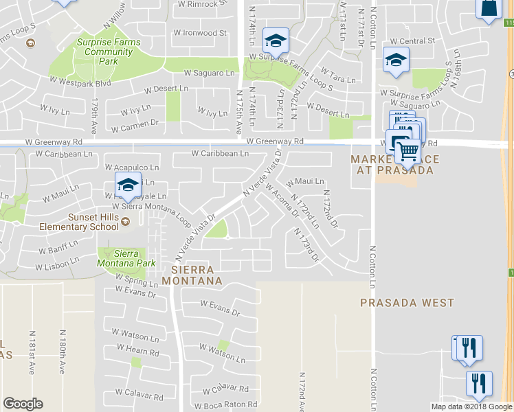 map of restaurants, bars, coffee shops, grocery stores, and more near 17380 West Langer Lane in Surprise
