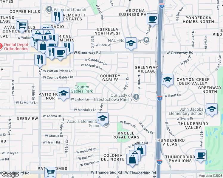 map of restaurants, bars, coffee shops, grocery stores, and more near 3022 West Country Gables Drive in Phoenix
