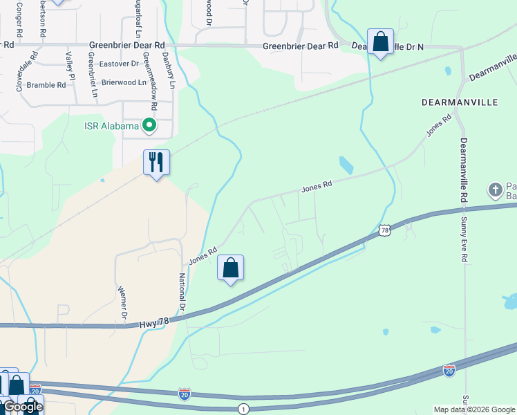 map of restaurants, bars, coffee shops, grocery stores, and more near 544 Jones Road in Anniston