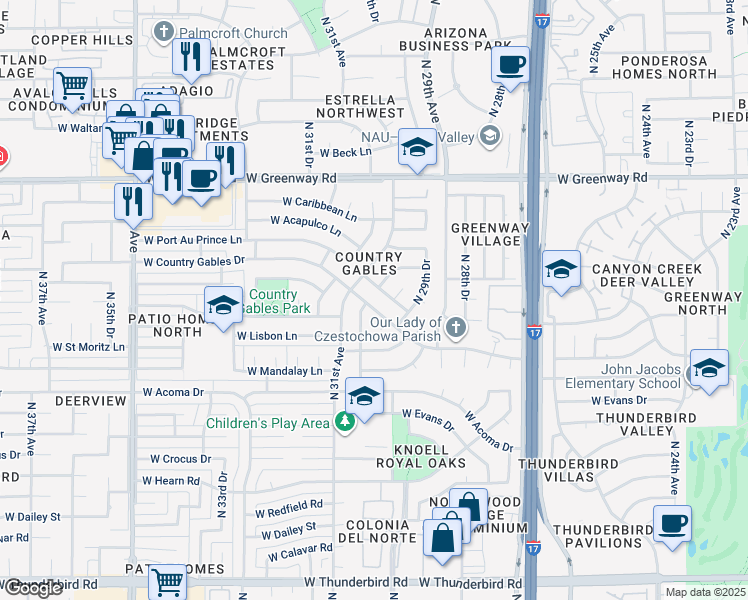 map of restaurants, bars, coffee shops, grocery stores, and more near 3022 West Country Gables Drive in Phoenix