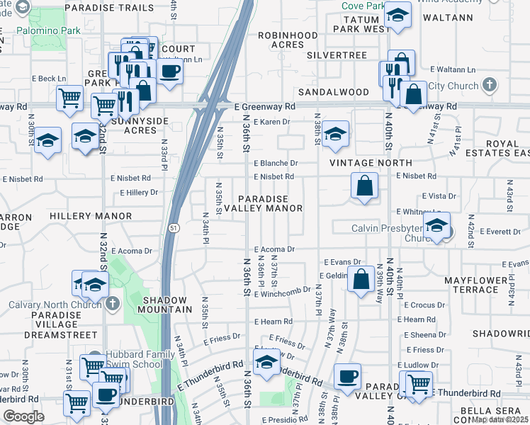 map of restaurants, bars, coffee shops, grocery stores, and more near 14649 North 36th Place in Phoenix