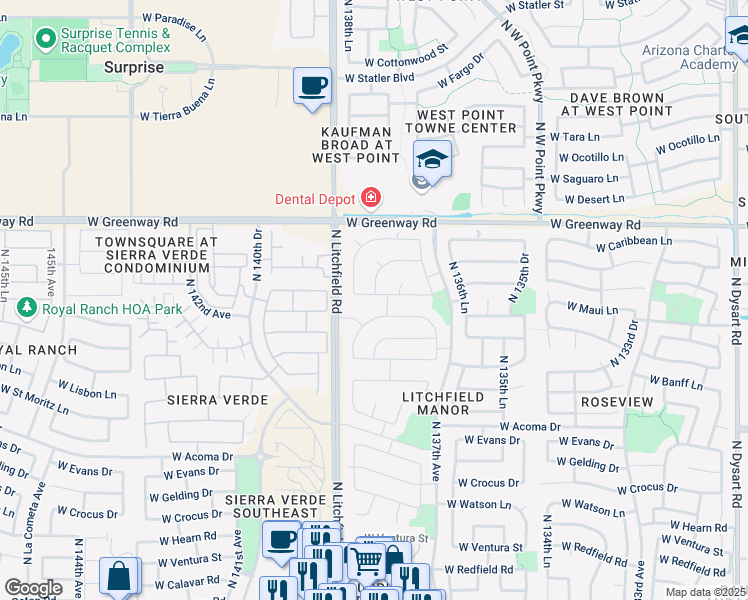 map of restaurants, bars, coffee shops, grocery stores, and more near 13817 West Maui Lane in Surprise