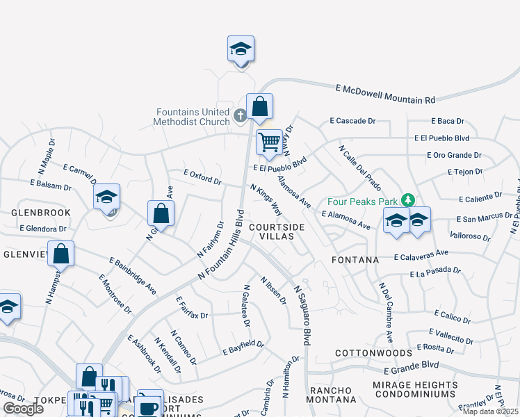 map of restaurants, bars, coffee shops, grocery stores, and more near 16819 North Kings Way in Fountain Hills