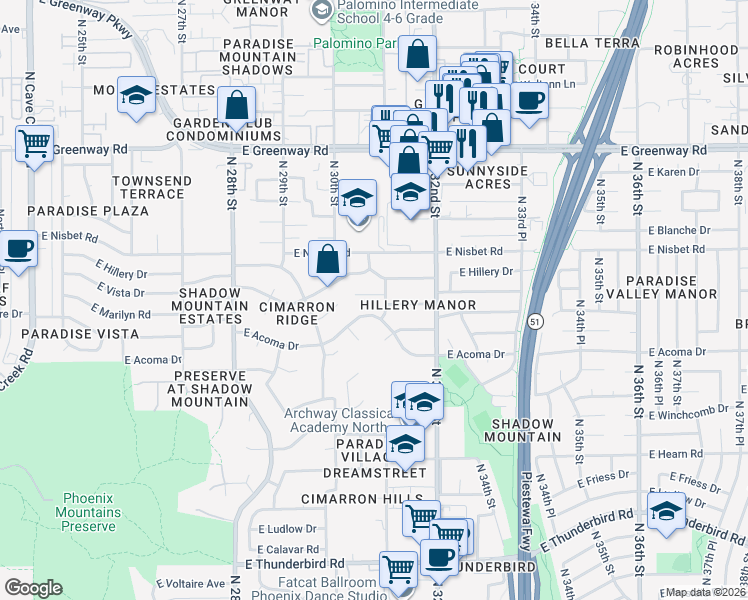 map of restaurants, bars, coffee shops, grocery stores, and more near 3043 East Marilyn Road in Phoenix