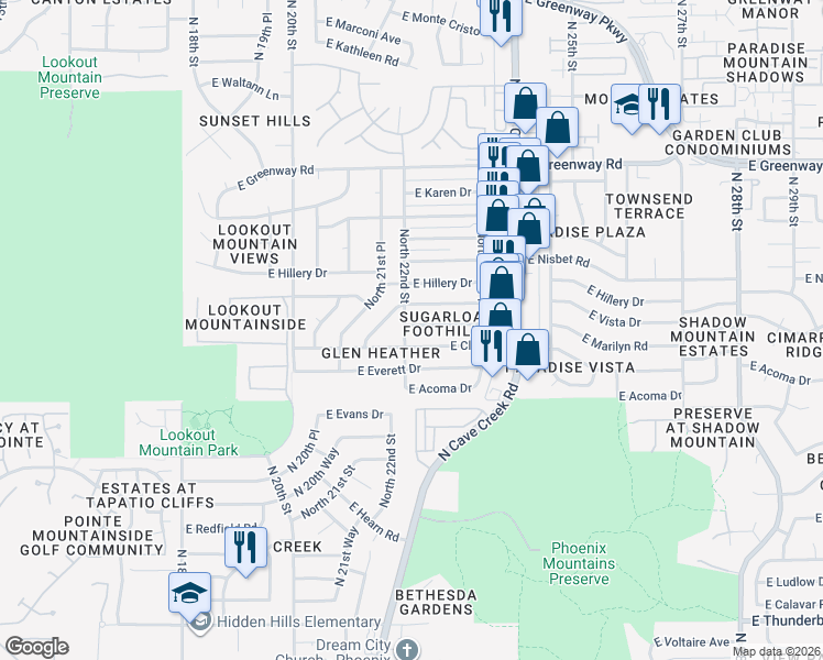 map of restaurants, bars, coffee shops, grocery stores, and more near 2201 East Marilyn Road in Phoenix