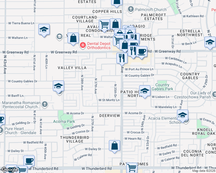 map of restaurants, bars, coffee shops, grocery stores, and more near 3532 West Banff Lane in Phoenix