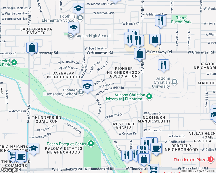 map of restaurants, bars, coffee shops, grocery stores, and more near 6085 West Maui Lane in Glendale