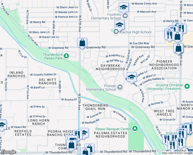 map of restaurants, bars, coffee shops, grocery stores, and more near 6629 West Madras Lane in Glendale