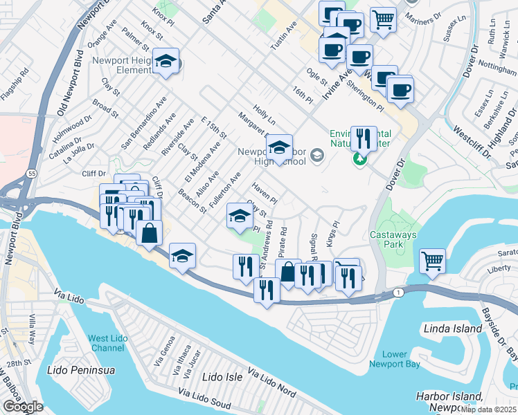 map of restaurants, bars, coffee shops, grocery stores, and more near 1804 Clay Street in Newport Beach