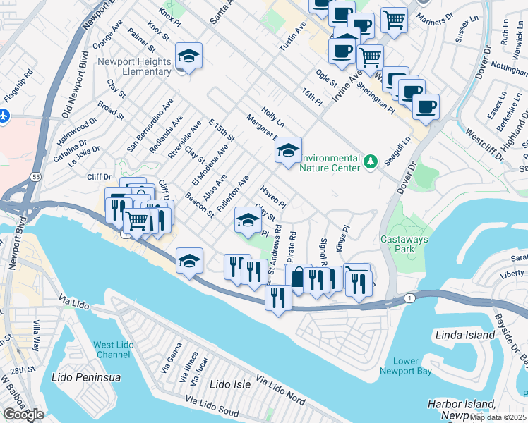 map of restaurants, bars, coffee shops, grocery stores, and more near 1804 Clay Street in Newport Beach