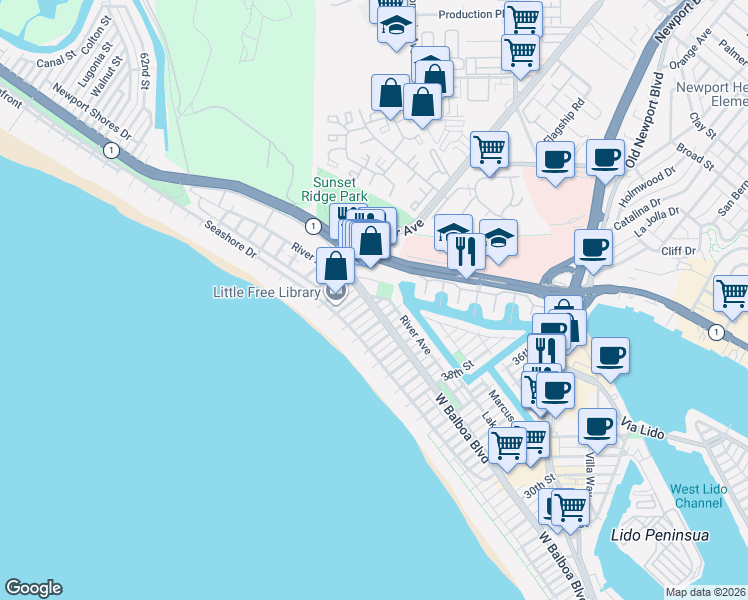 map of restaurants, bars, coffee shops, grocery stores, and more near 210 44th Street in Newport Beach