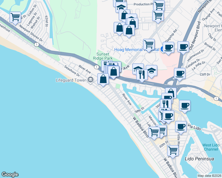 map of restaurants, bars, coffee shops, grocery stores, and more near 125 45th Street in Newport Beach