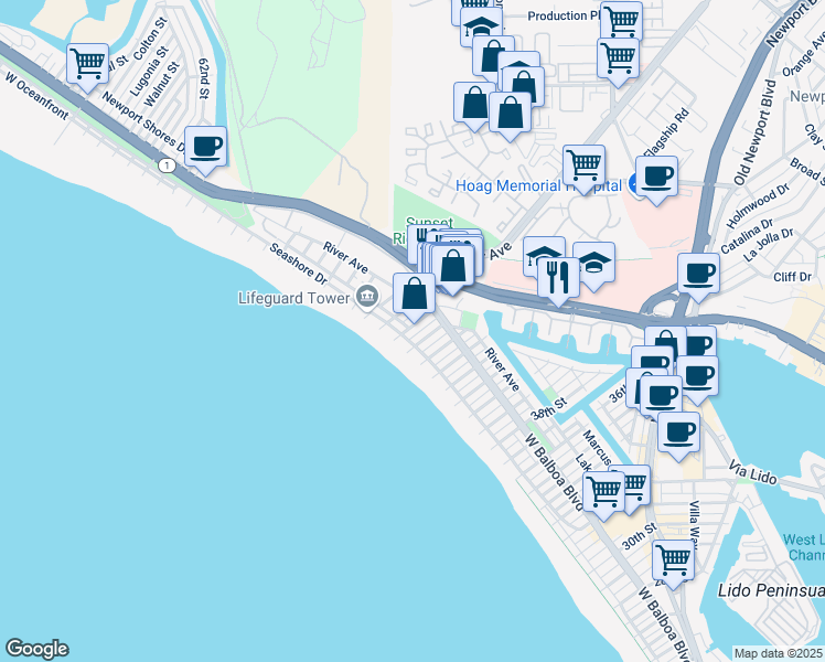 map of restaurants, bars, coffee shops, grocery stores, and more near 125 45th Street in Newport Beach