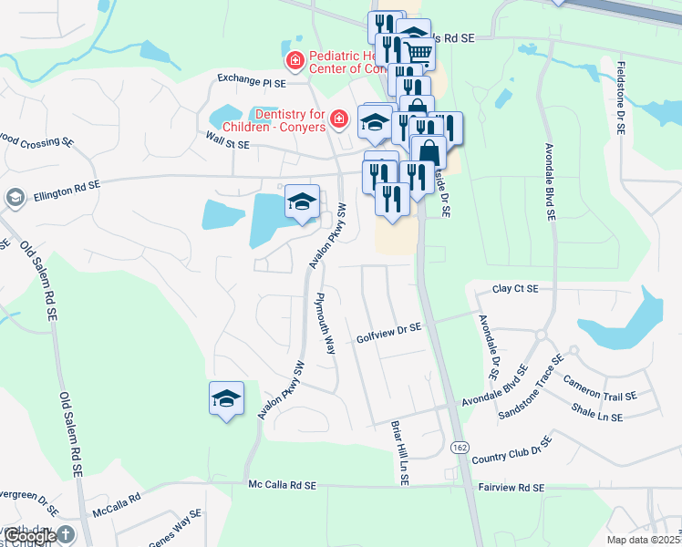 map of restaurants, bars, coffee shops, grocery stores, and more near 2514 Plymouth Way Southeast in Conyers