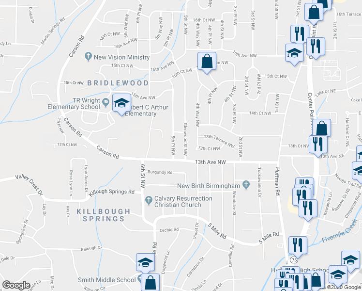 map of restaurants, bars, coffee shops, grocery stores, and more near 1320 Glenwood Street Northwest in Center Point