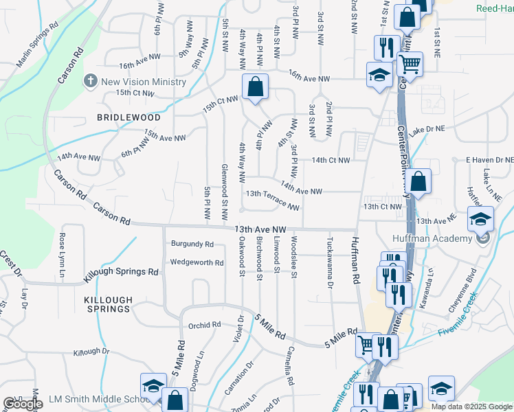 map of restaurants, bars, coffee shops, grocery stores, and more near 424 13th Court Northwest in Birmingham