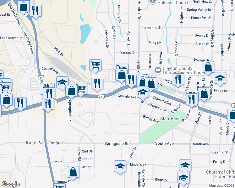 map of restaurants, bars, coffee shops, grocery stores, and more near 503 Forest Parkway in Forest Park