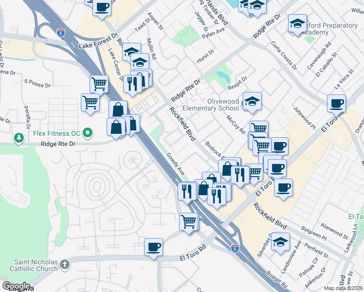 map of restaurants, bars, coffee shops, grocery stores, and more near 23511 Swallow Lane in Lake Forest