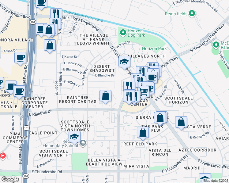 map of restaurants, bars, coffee shops, grocery stores, and more near 9347 East Hillery Way in Scottsdale