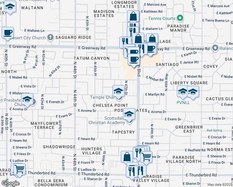 map of restaurants, bars, coffee shops, grocery stores, and more near 14802 North 46th Place in Phoenix