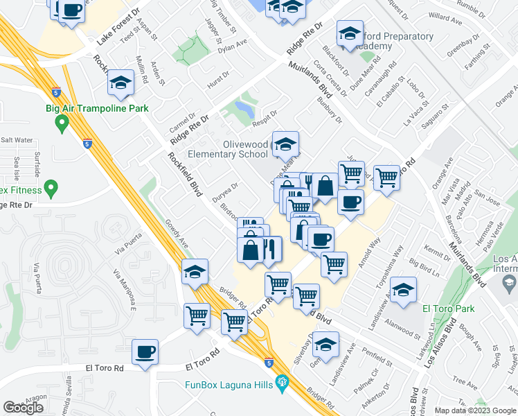 map of restaurants, bars, coffee shops, grocery stores, and more near 23512 Dune Mear Rd in Lake Forest