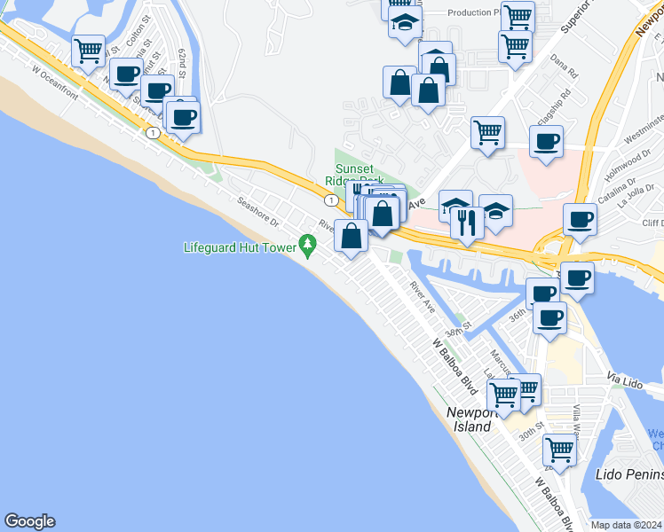 map of restaurants, bars, coffee shops, grocery stores, and more near 4607 Seashore Drive in Newport Beach