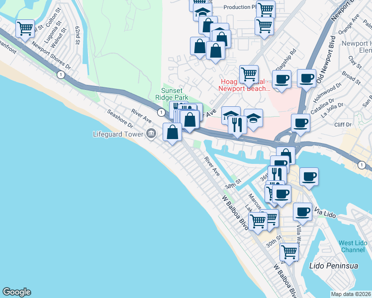 map of restaurants, bars, coffee shops, grocery stores, and more near 132 45th Street in Newport Beach