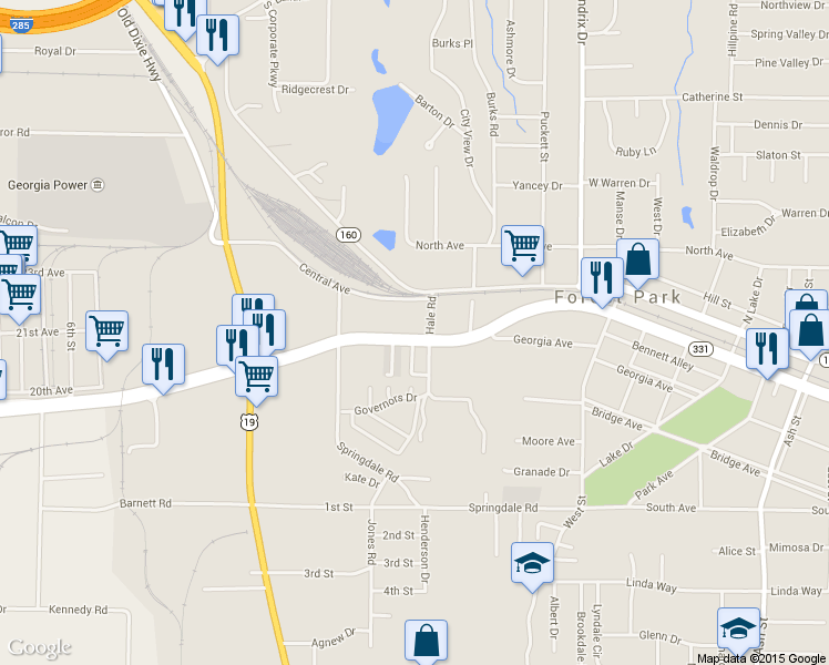 map of restaurants, bars, coffee shops, grocery stores, and more near 406 Forest Pkwy in Forest Park