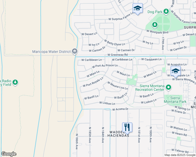 map of restaurants, bars, coffee shops, grocery stores, and more near 18376 West Port Royale Lane in Surprise