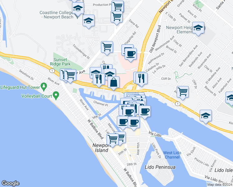 map of restaurants, bars, coffee shops, grocery stores, and more near 52 Balboa Coves in Newport Beach