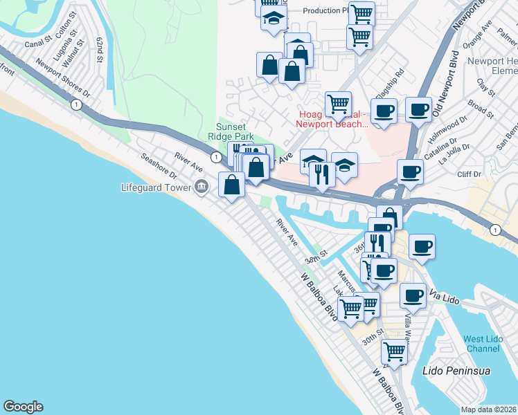 map of restaurants, bars, coffee shops, grocery stores, and more near 210 44th Street in Newport Beach