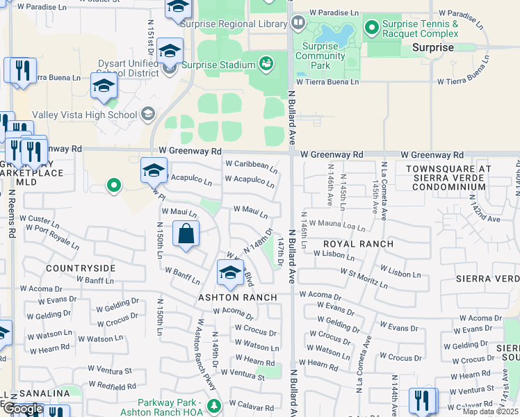 map of restaurants, bars, coffee shops, grocery stores, and more near 14824 West Maui Lane in Surprise