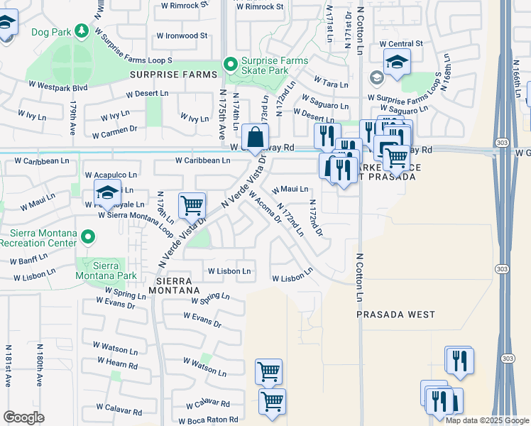 map of restaurants, bars, coffee shops, grocery stores, and more near 15077 North 173rd Drive in Surprise