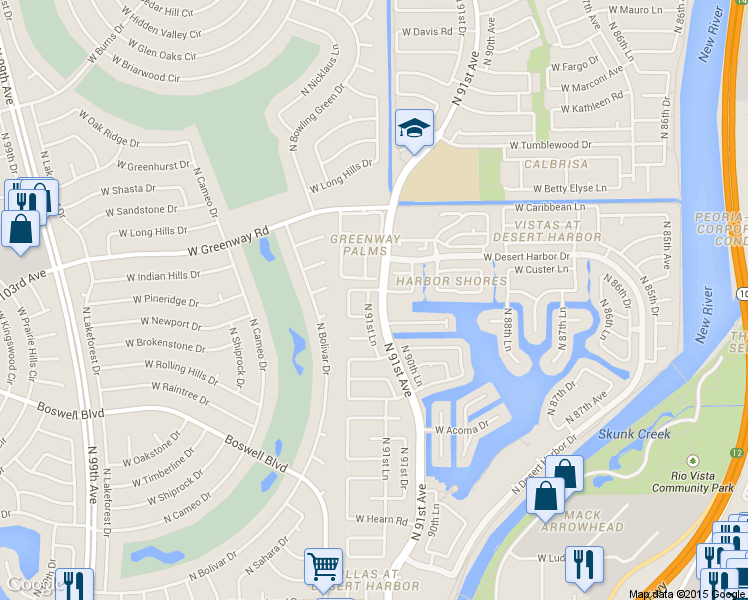 map of restaurants, bars, coffee shops, grocery stores, and more near 15031 North 91st Lane in Peoria