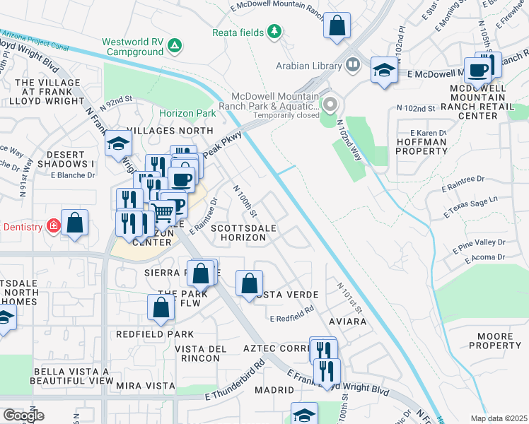 map of restaurants, bars, coffee shops, grocery stores, and more near 14832 North 100th Place in Scottsdale