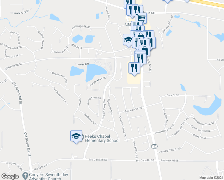 map of restaurants, bars, coffee shops, grocery stores, and more near 2514 Plymouth Way Southeast in Conyers